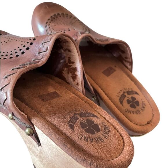 Lucky Brand Peace Sign Leather Wooden Clogs - Picture 6 of 7